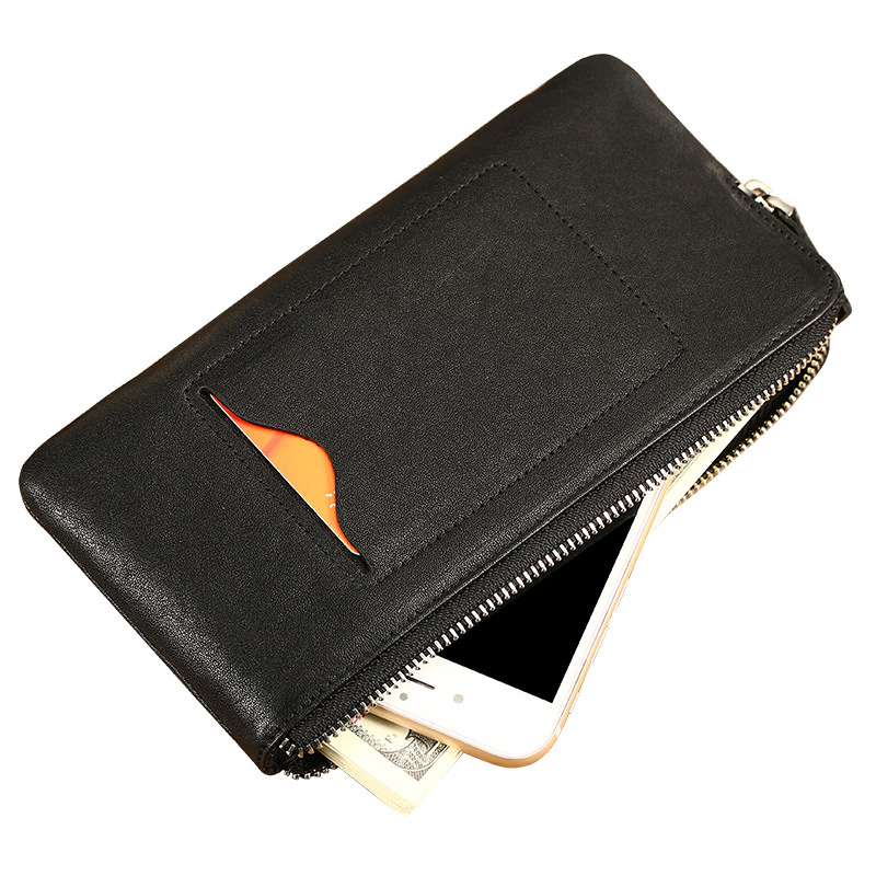 跨境代发曼邦男士钱包男手机包青年简约拉链植鞣头层牛皮钱夹