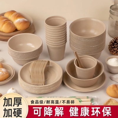 稻壳一次性碗筷子餐具食品级家用饭碗可降解餐具火锅用餐碗水杯子