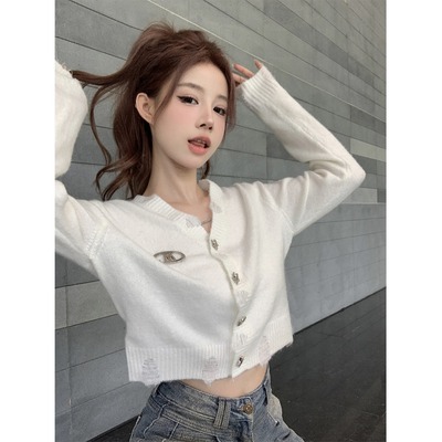 白色破洞v领长袖针织开衫女