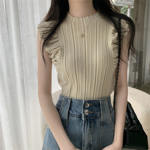 设计感竖条泡泡袖 女夏季 韩版 针织衫 别致上衣 新款 清新甜美显瘦修身