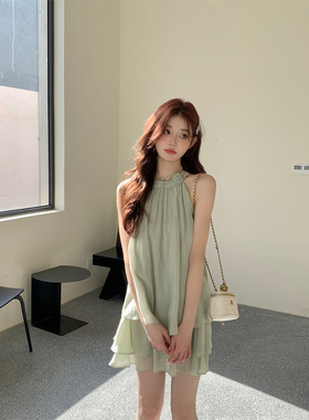温柔风套装裙气质绿色无袖衬衫上衣女夏季裙裤半身裙小个子两件套