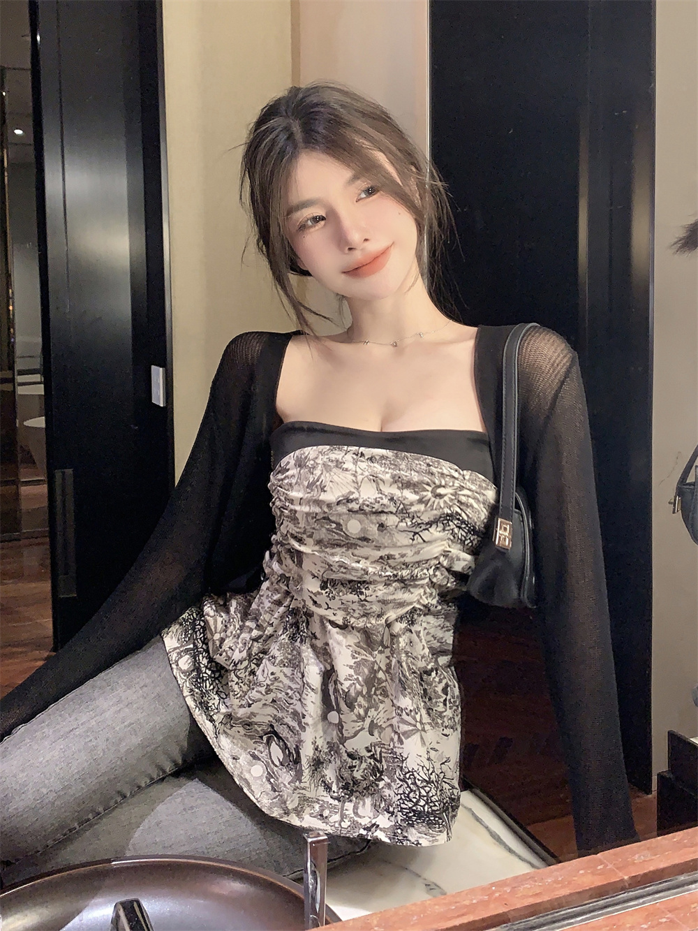 黑色薄款长袖防晒开衫上衣复古辣妹褶皱紧身抹胸小背心两件套女夏