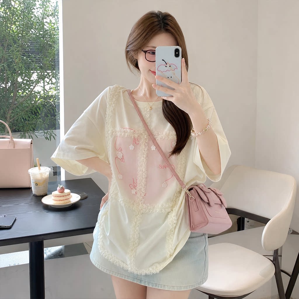 夏季纯棉蕾丝短袖宽松显瘦T恤女
