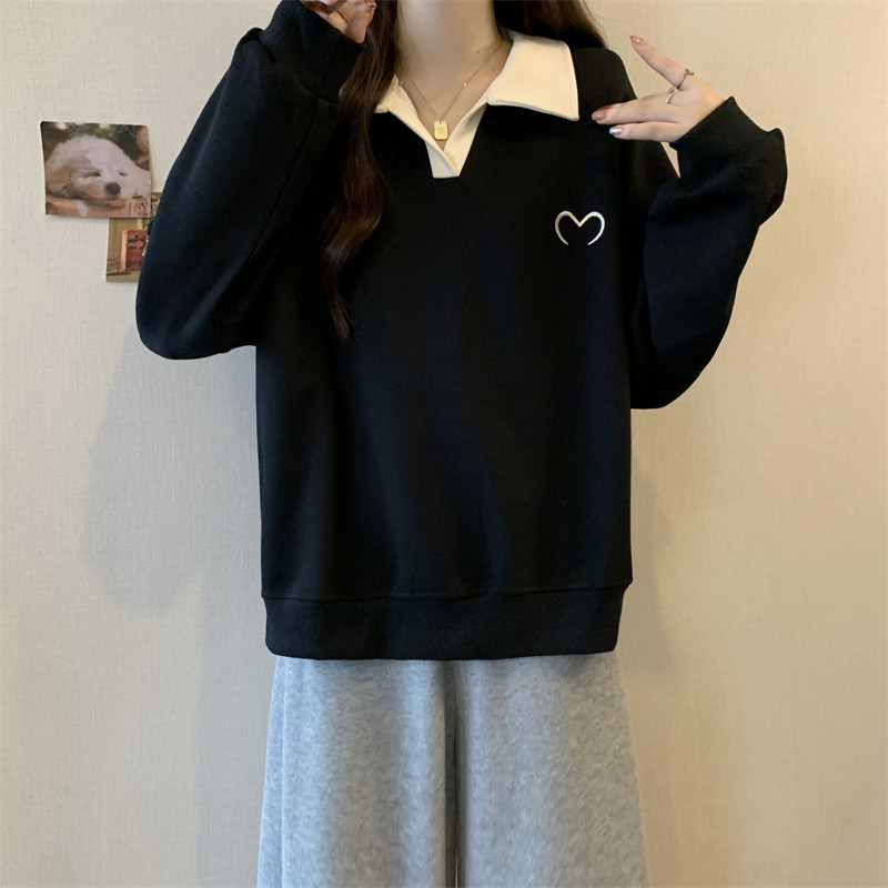 大码女装撞色polo领卫衣女秋季胖mm显瘦宽松设计感慵懒风外套上衣