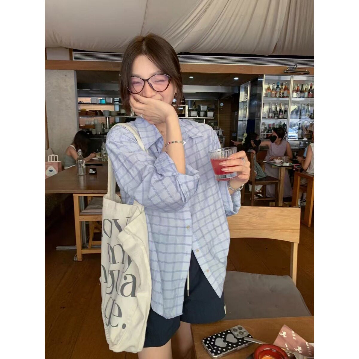 夏季纯棉轻薄防晒格子长袖衬衫女