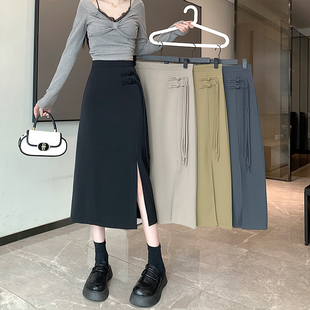 新中式国风半身裙女夏季2024新款中长款高腰盘扣开叉a字包臀裙子