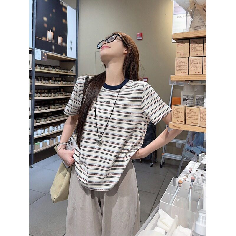 复古撞色刺绣条纹短袖T恤女