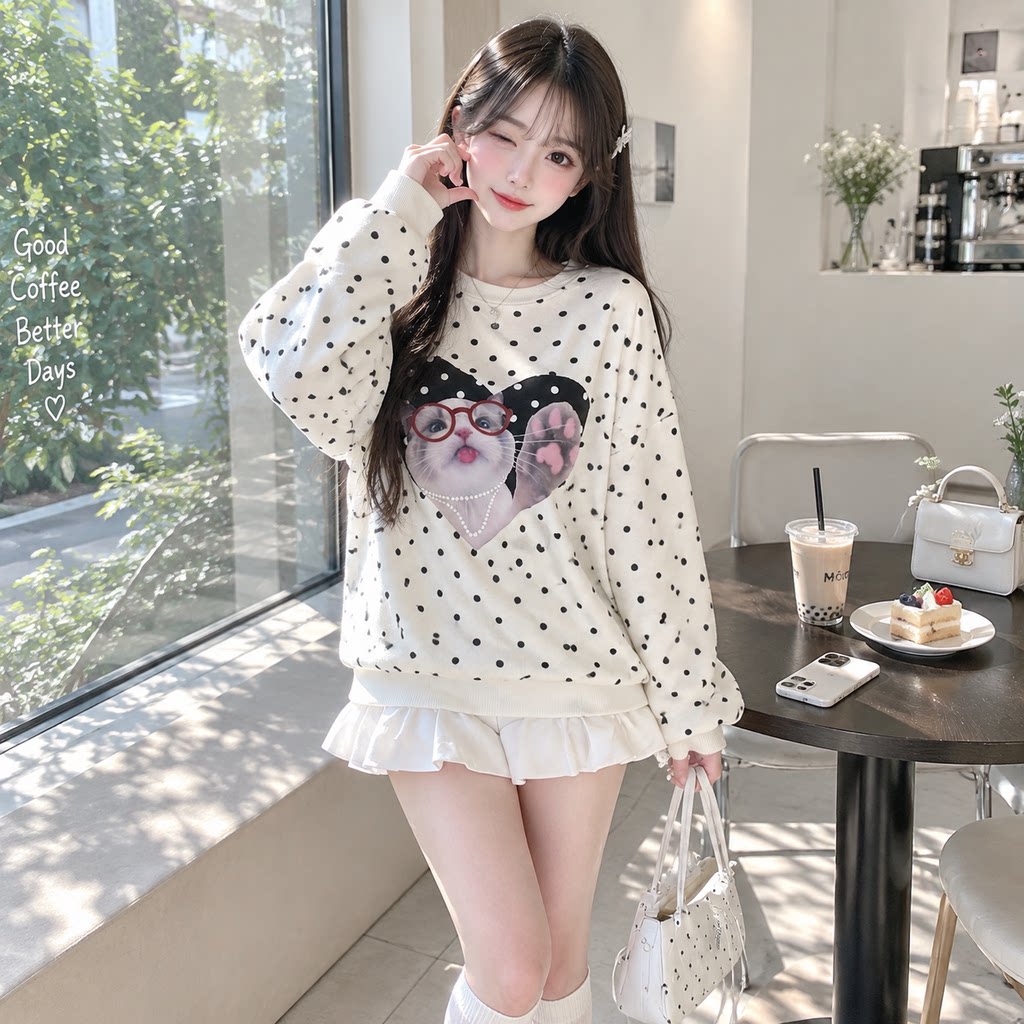 复古波点小猫斜肩宽松卫衣女秋