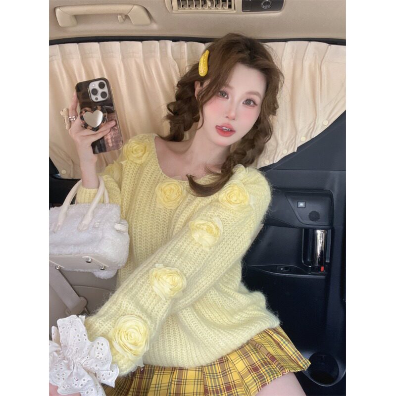 秋冬新款加厚温柔风甜美针织衫立体玫瑰花朵宽松慵懒风毛衣女外穿