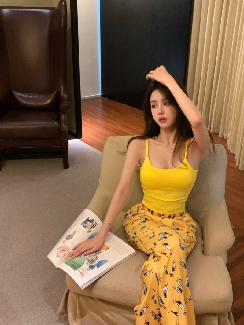 纯欲风修身吊带背心印花高腰休闲裤睡衣家居服女装夏季新款两件套