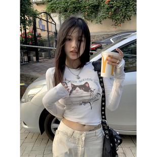 猫咪T恤女设计感小众秋季短款内搭白色甜辣妹紧身长袖打底衫上衣