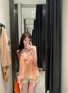 橙色花朵镶钻吊带背心女夏季无袖外穿宽松设计感辣妹chic雪纺上衣