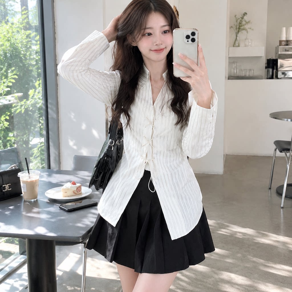 秋季韩版收腰条纹长袖衬衫女