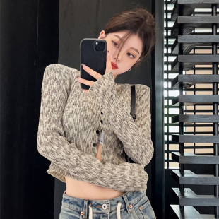 早春新款减龄漂亮洋气卡腰独特小衫法式短款长袖上衣女春秋款