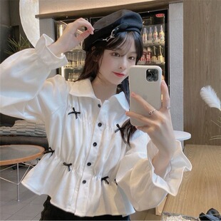 法式蝴蝶结泡泡袖衬衫女高级设计感小众春秋甜美别致韩系短款上衣