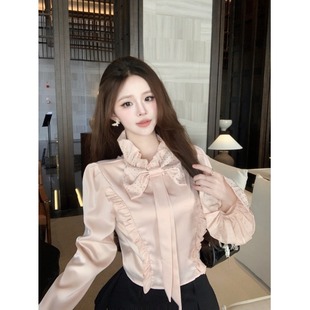 小香风蝴蝶结镶钻缎面衬衫女早春高级感喇叭泡泡袖上衣宫廷风衬衣