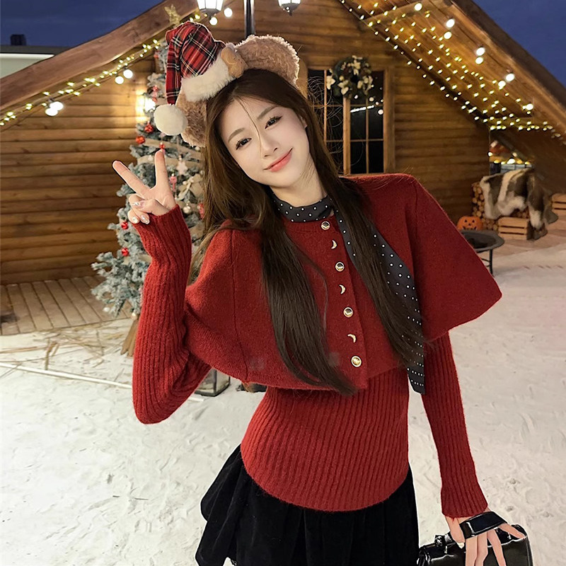圣诞氛围感红色斗篷披肩毛衣女秋冬针织打底衫两件套短款千金上衣