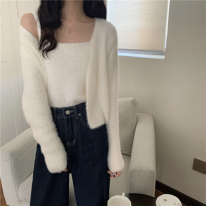 新款仿水貂懒人套装吊带开衫小心机两件套女针织毛衣女修身套装