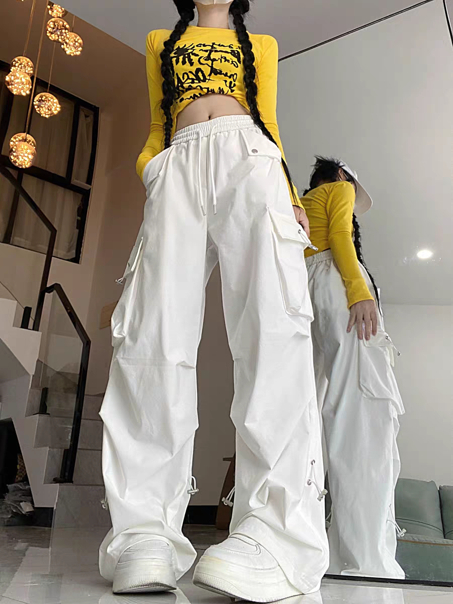 褶皱白色工装裤男女款美式hiphop潮牌高街嘻哈爵士舞休闲运动裤子