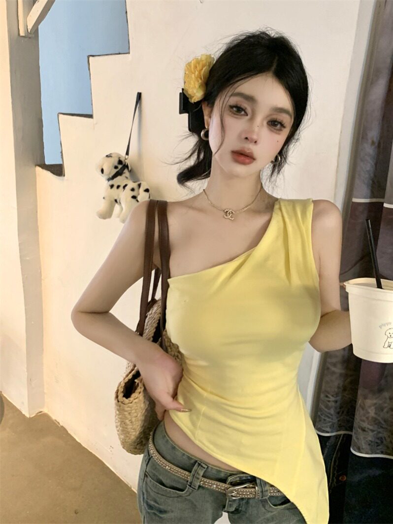 夏季新款小众不规则斜肩新中式设计感露肩显瘦外搭吊带背心女
