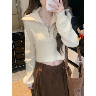 减龄设计感拉链宽松显瘦翻领慵懒毛衣上衣女 加厚针织2025秋冬新款