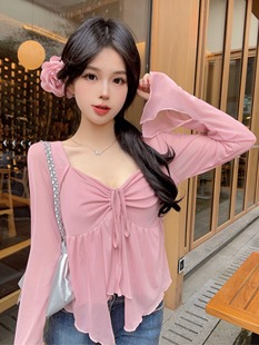 胖mm大码法式纯欲风辣妹修身长袖T上衣早秋微胖高级感不规则衬衣