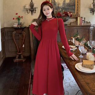 针织内搭打底裙垂坠感连衣裙秋冬季2024新款红色裙子小个子长裙女