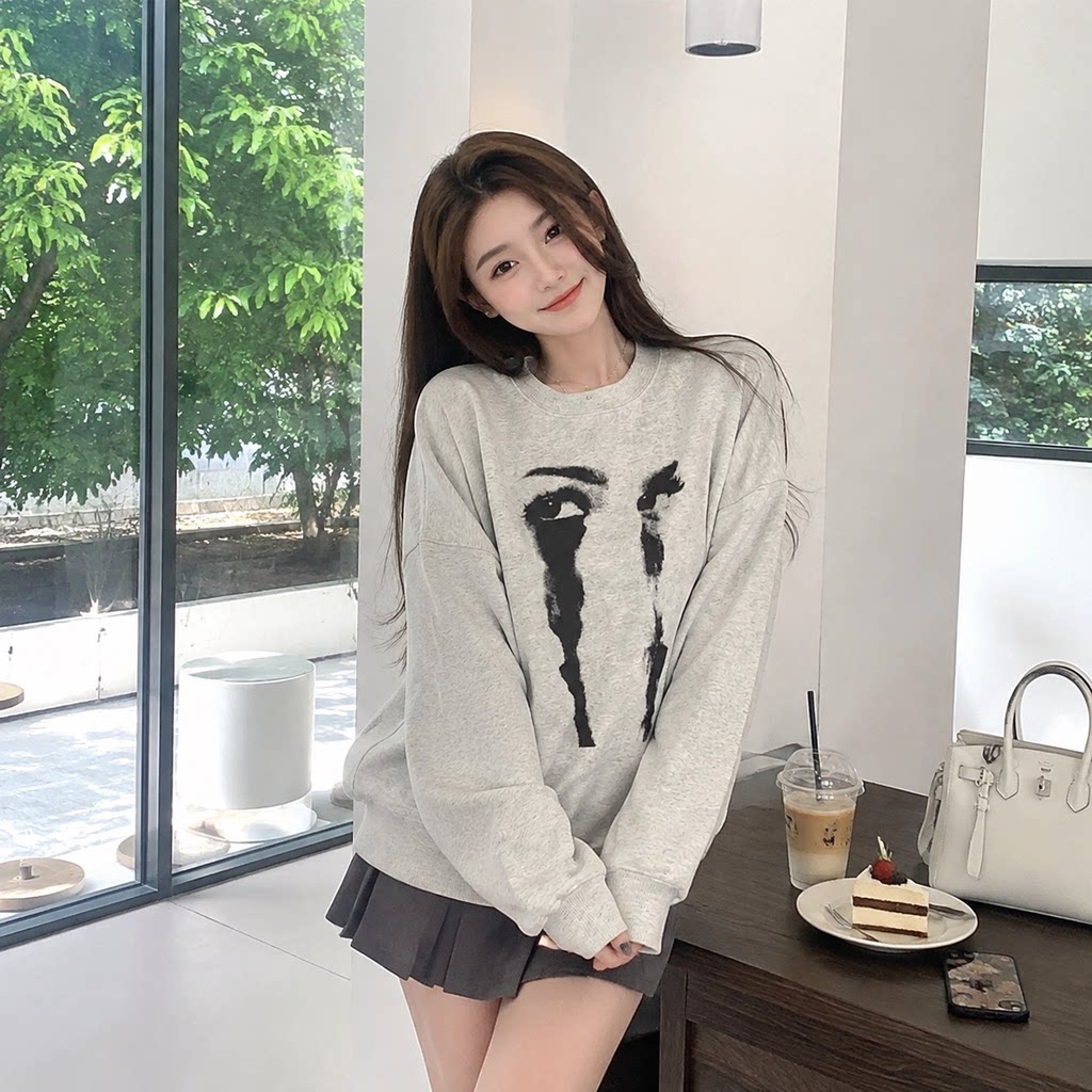 秋冬加绒加厚宽松圆领卫衣女