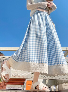 蕾丝边格子半身裙女中长款春秋2026新款高腰显瘦a字长裙仙女伞裙