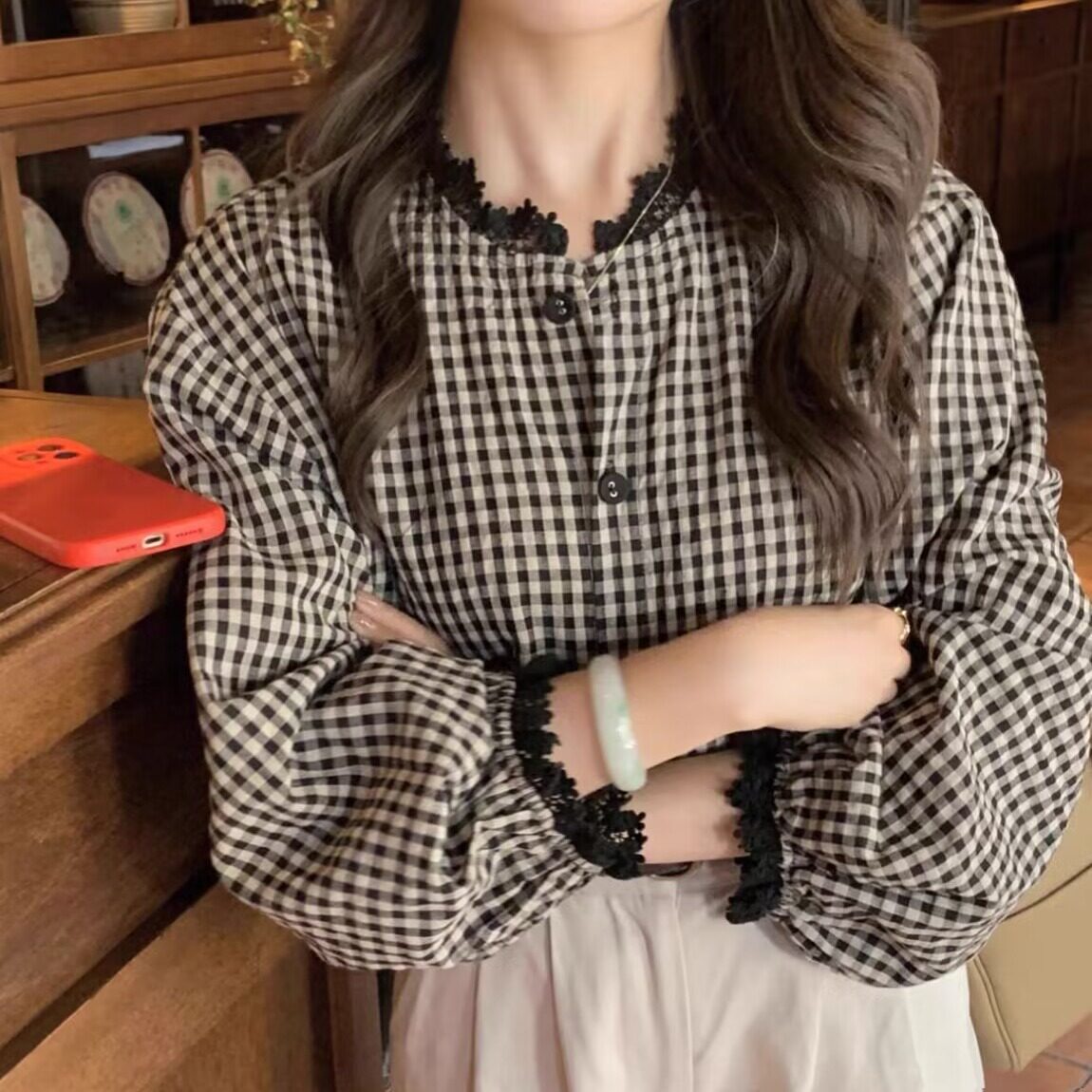 法式复古格子衬衫蕾丝拼接