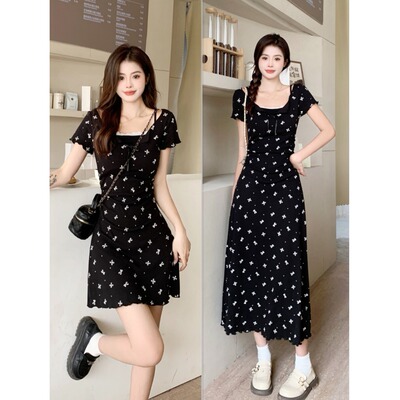 气质蕾丝边蝴蝶结印花茶歇A字长裙子女夏季小众设计假两件连衣裙