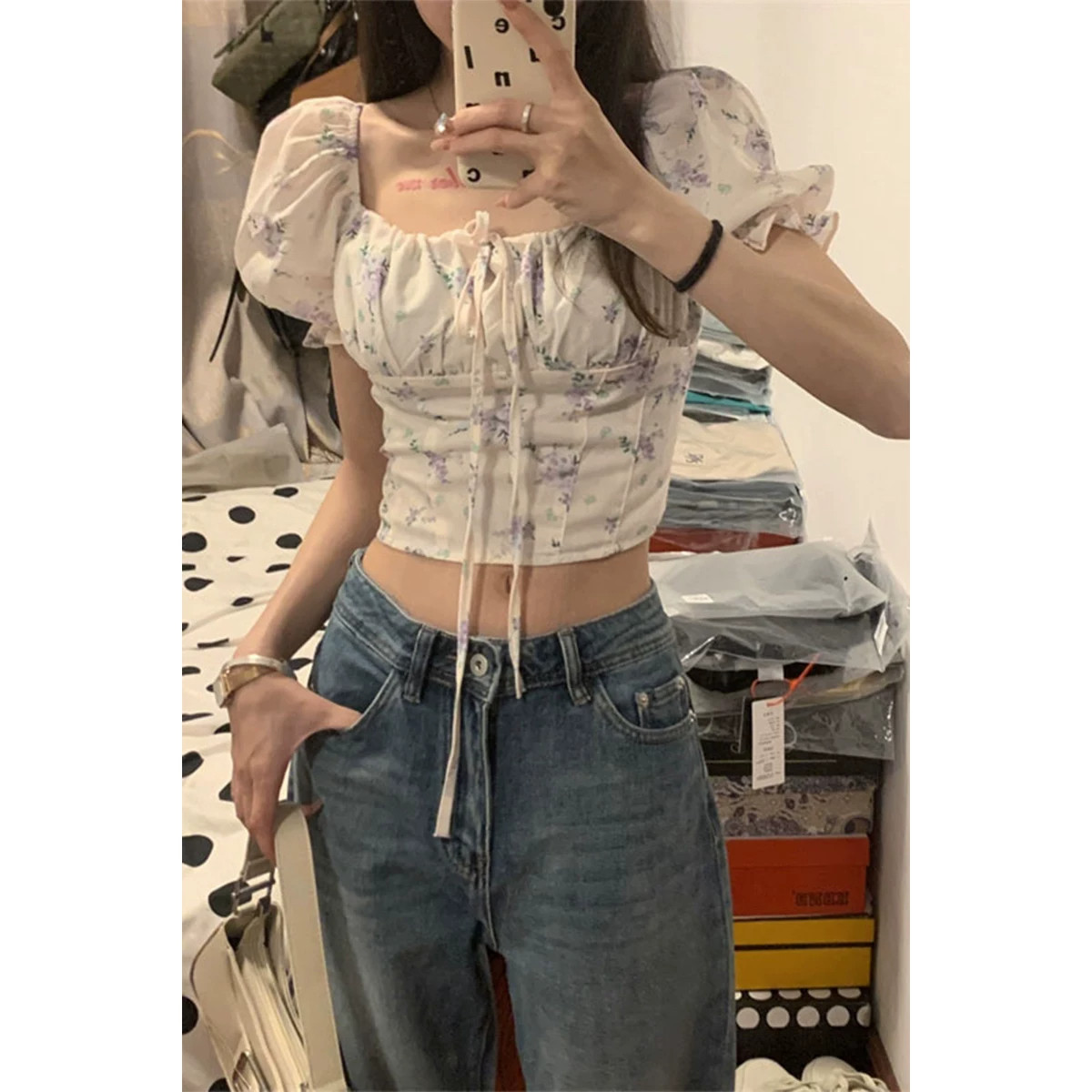 夏季纯欲收腰修身性感掐腰紧身短款上衣辣妹泡泡袖碎花短袖衬衫女