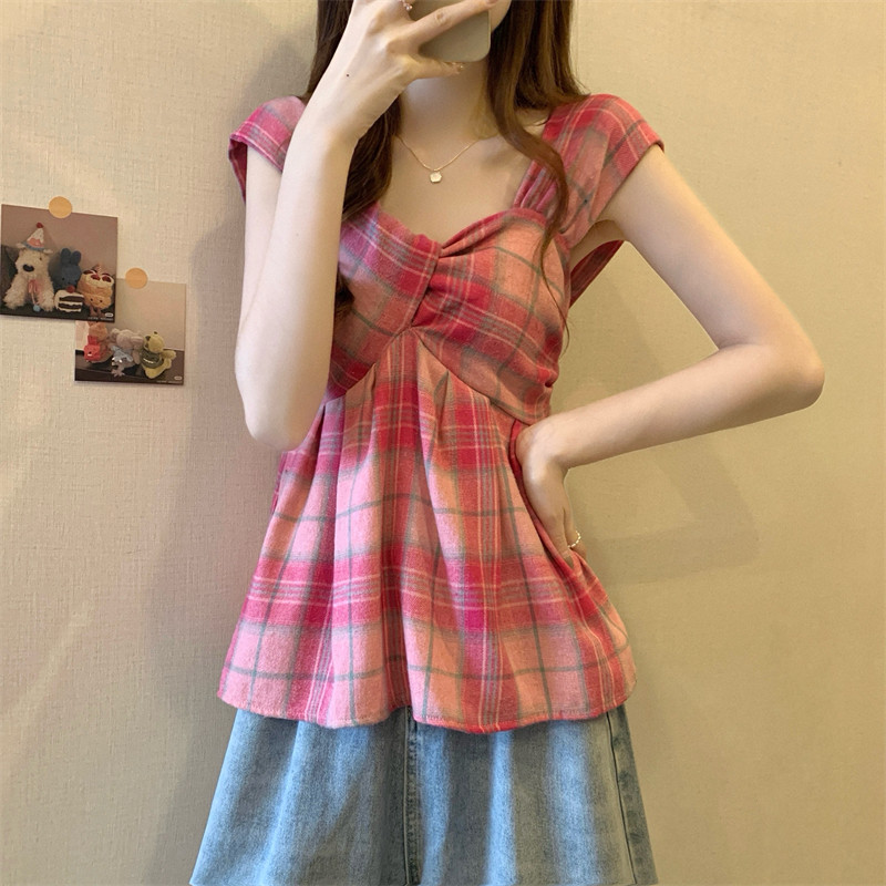 复古格子无袖吊带新款夏季撞色背心多巴胺显瘦不规则褶皱外穿上衣