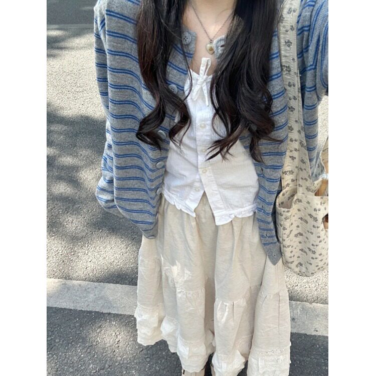 复古撞色条纹开衫外搭毛衣女春夏2026新款慵懒风韩系针织上衣外套