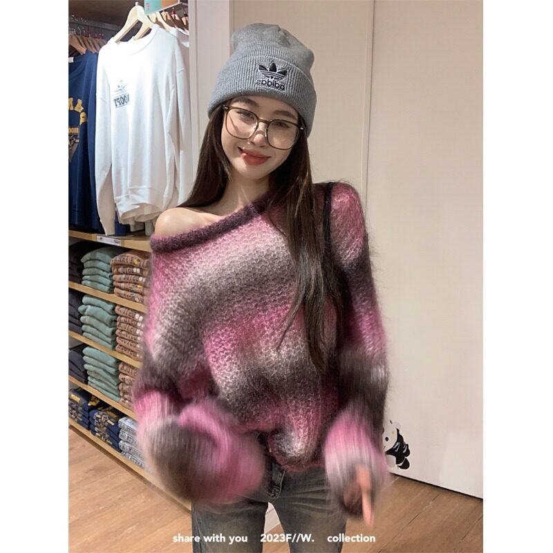 渐变条纹软糯慵懒风长袖毛衣女