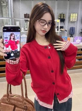 红色假两件格子拼接卫衣外套女秋季设计感小众棒球服开衫短款上衣