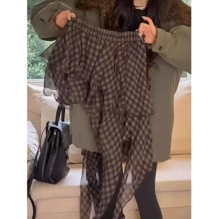 韩版双层纱格子半身裙女松紧高腰氛围感穿搭屁帘叠穿不规则中长裙