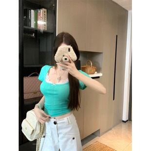 韩系绿色假两件短袖T恤女夏季设计感小众蕾丝花边短款甜辣妹上衣
