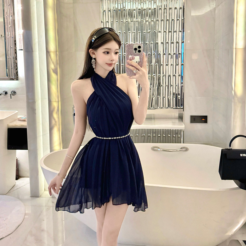 古早韩味挂脖连衣裙女装蓝色裙礼服褶皱连身裙纯欲风性感收腰裙子