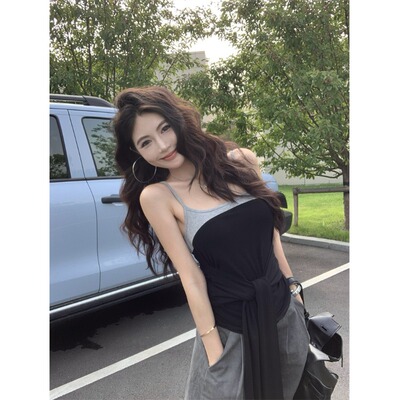 韩系辣妹撞色绑带修身吊带背心