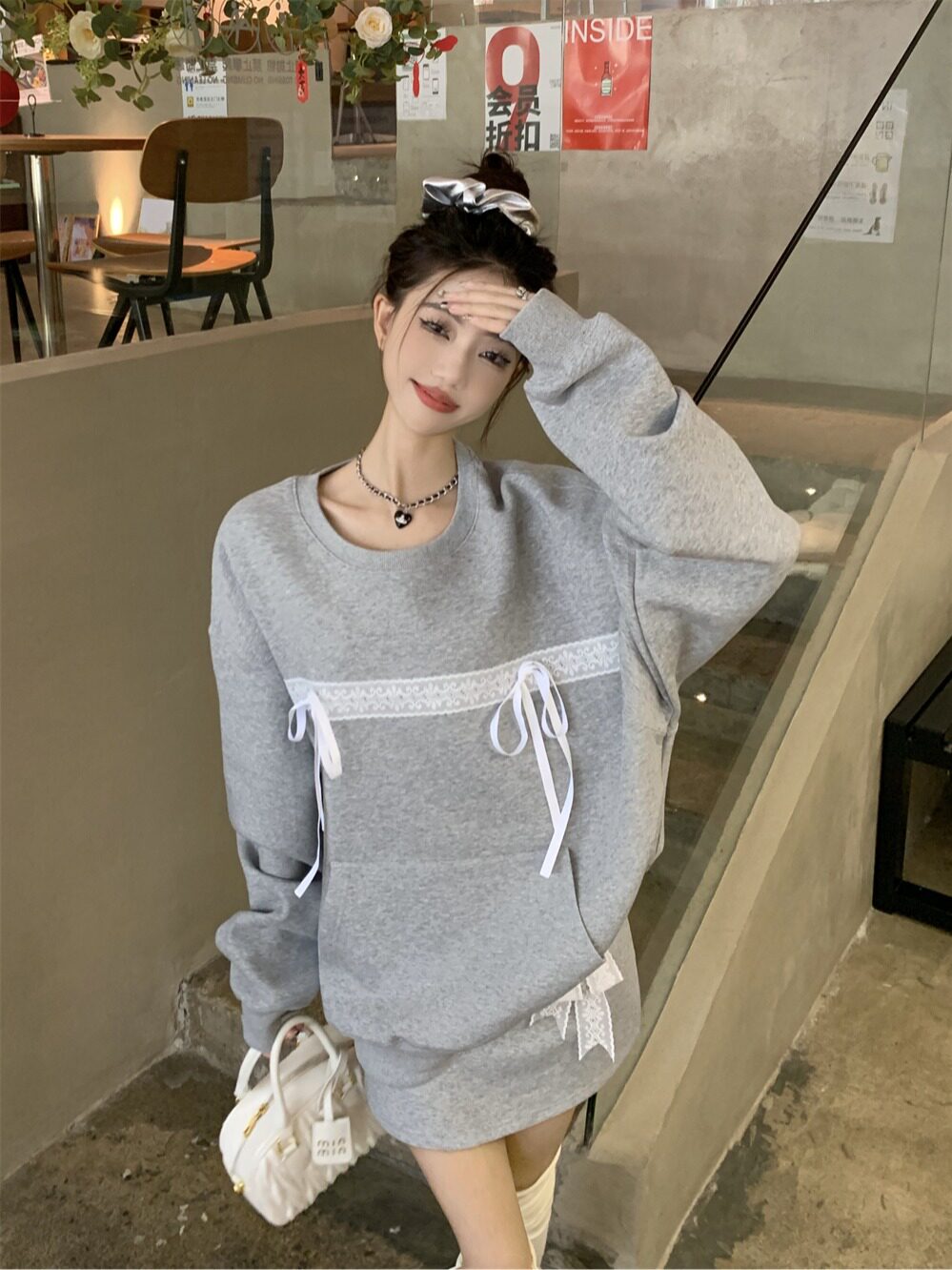 休闲运动卫衣套装女春秋新款灰色圆领卫衣高腰短裙半身裙两件套潮