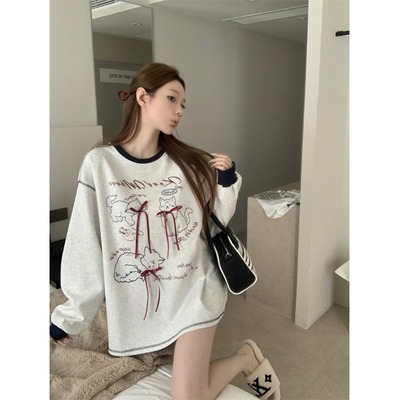 卡通猫咪印花蝴蝶结长袖卫衣女秋季新款设计感撞色慵懒风宽松上衣