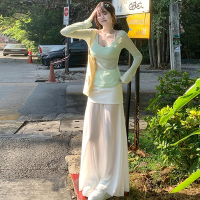 浪漫套装气质长袖罩衫显瘦吊带背心一整套ootd穿搭修身绝美半身裙