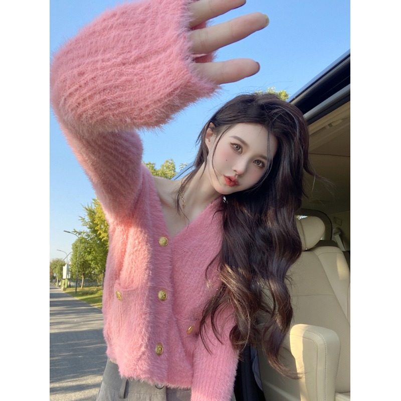 仿水貂绒蓝色毛衣女外套宽松初秋新款短款上衣软糯奶fufu针织衫潮