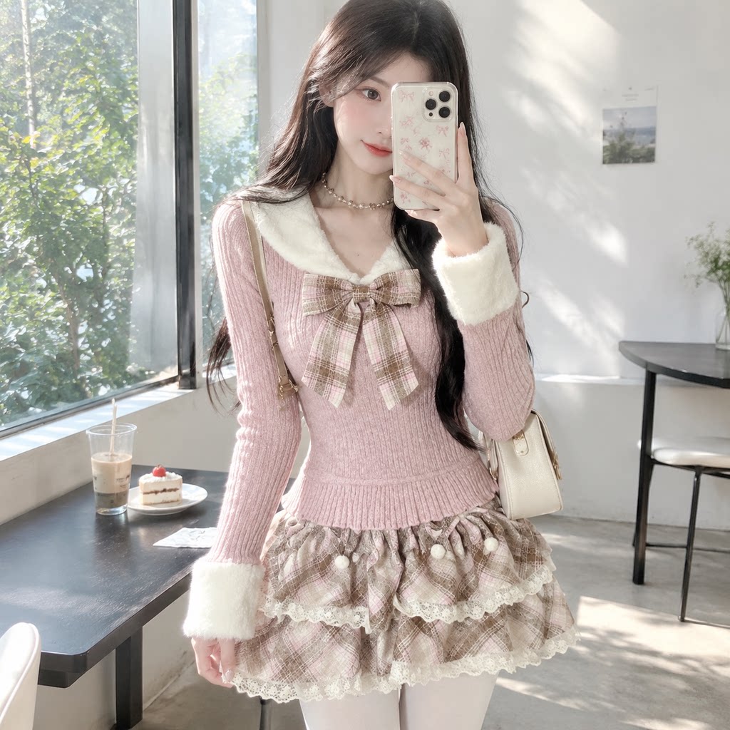 秋冬甜美JK制服蝴蝶结短裙套装