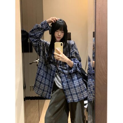 春秋格子长袖衬衫外套男女美式复古宽松休闲设计情侣慵懒显瘦衬衣