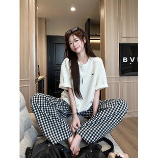 时尚套装慵懒风小狗刺绣宽松短袖T恤女夏季格子休闲裤长裤两件套