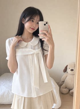纯白肌理娃娃领蝴蝶结短袖衬衫