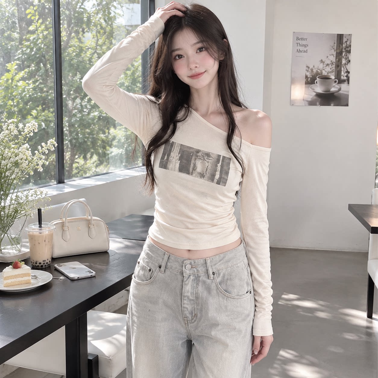 韩系白色斜肩印花长袖T恤女