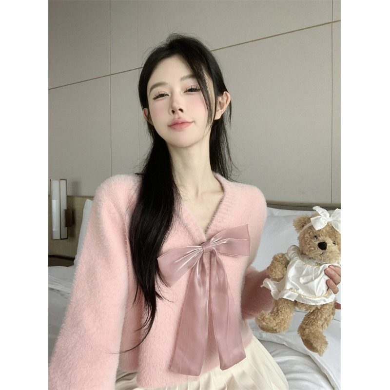 V领仿水貂蝴蝶结毛衣女短款